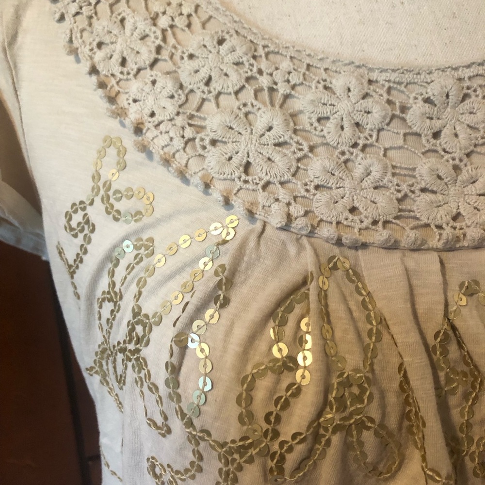 Style & Co. Cream Short Sleeve Top with Crochet Yoke & Gold Sequin Accents - Picture 2 of 6
